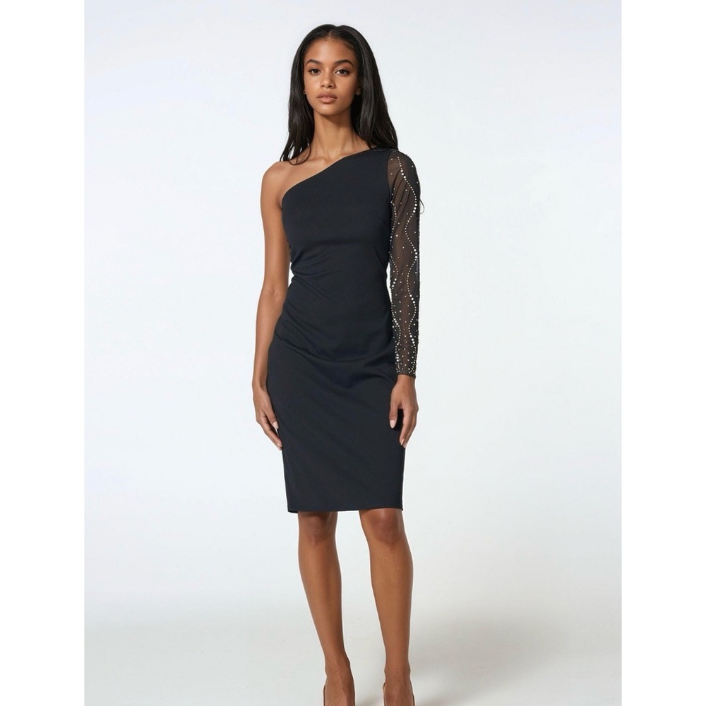 bebe Black One-Shoulder Dress with Silver Accents worn once , like new